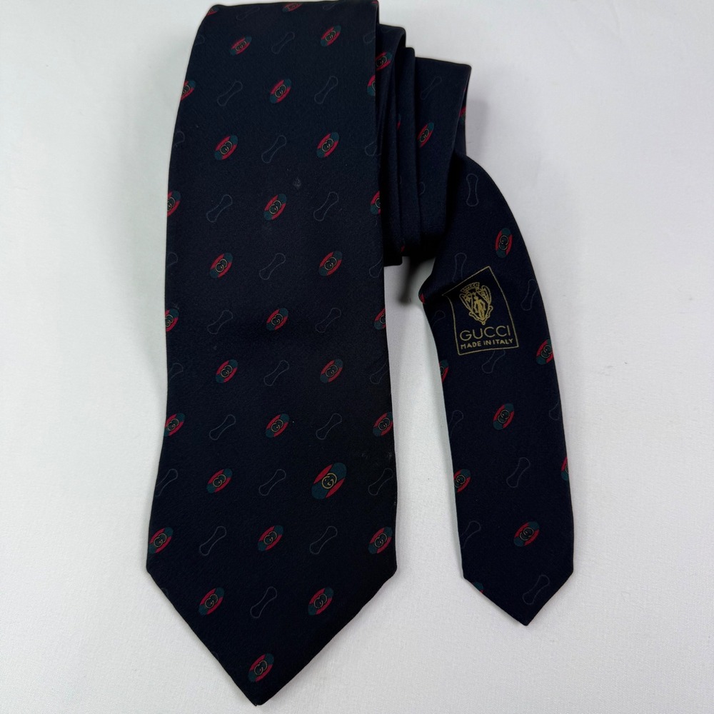 Gucci Accessory Collection Mens Silk Tie Navy Blue Interlocking G Logo Italy